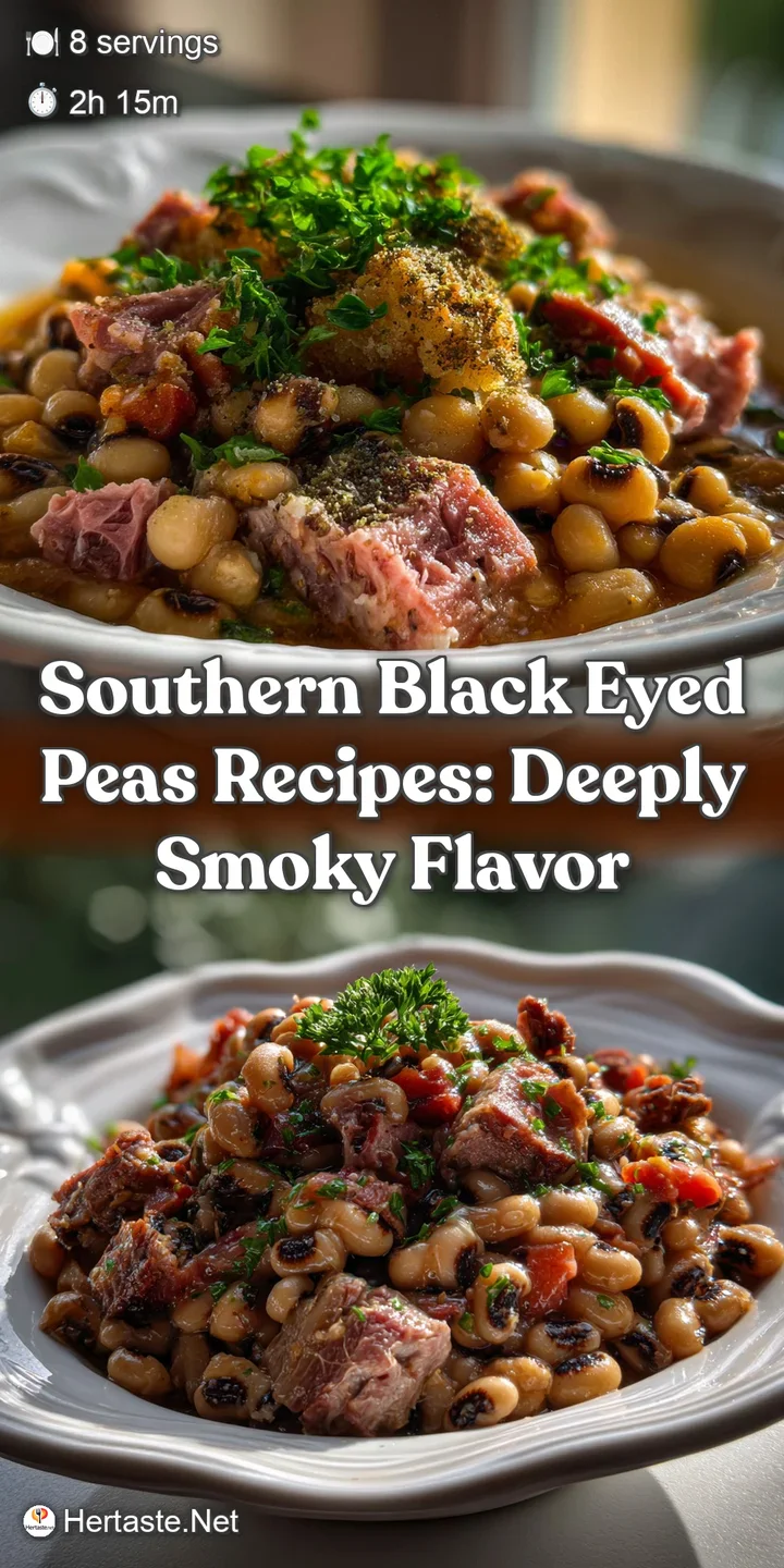 Close-up of velvety black-eyed peas, showcasing their smooth texture and smoky depth. The warm colors draw the viewer in.