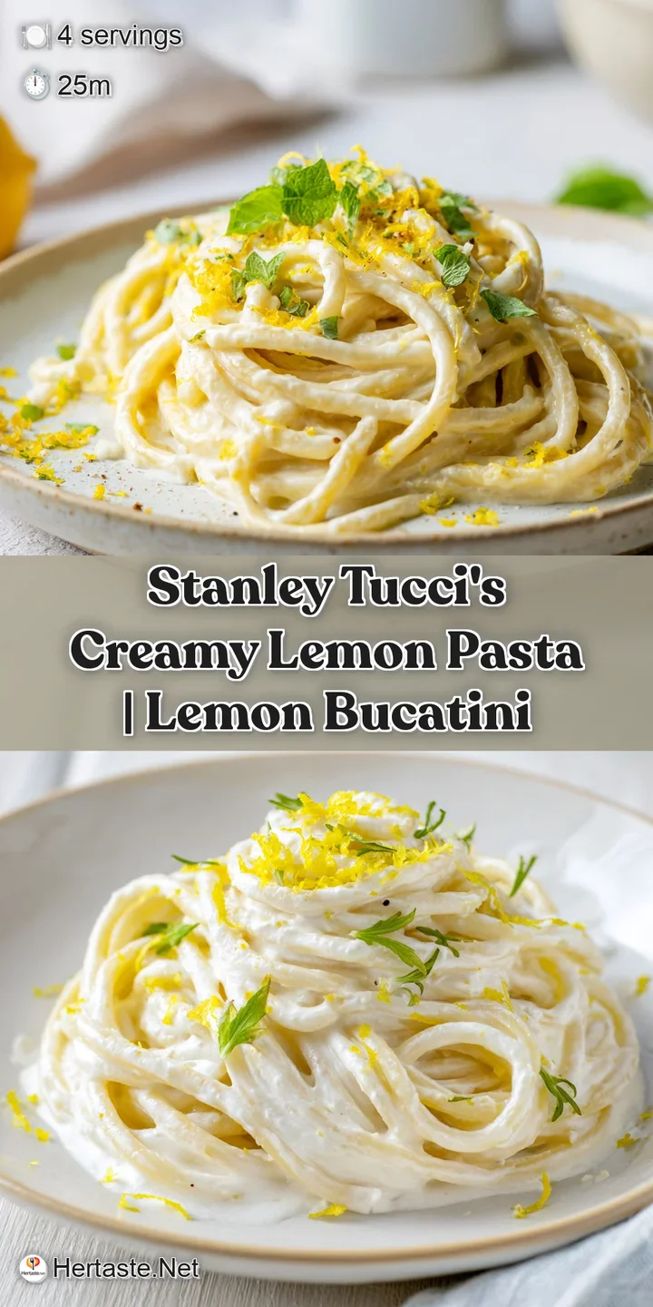 Close-up of creamy pasta coated in a glossy lemon butter sauce with coarse black pepper and fresh herbs.