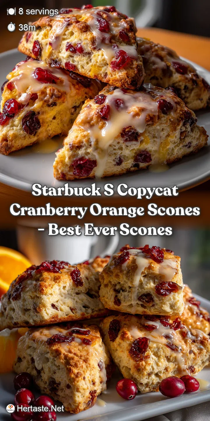 Close-up of a scone's textured surface, showing the buttery layers and bright red cranberries, with a glistening orange gl...