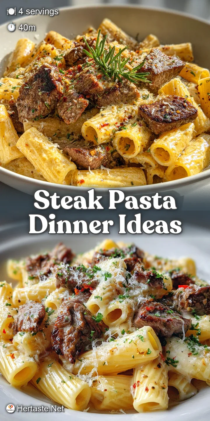 Close-up showcases smoky browned steak tips nestled in velvety, cheesy rigatoni. Mouthwatering detail.