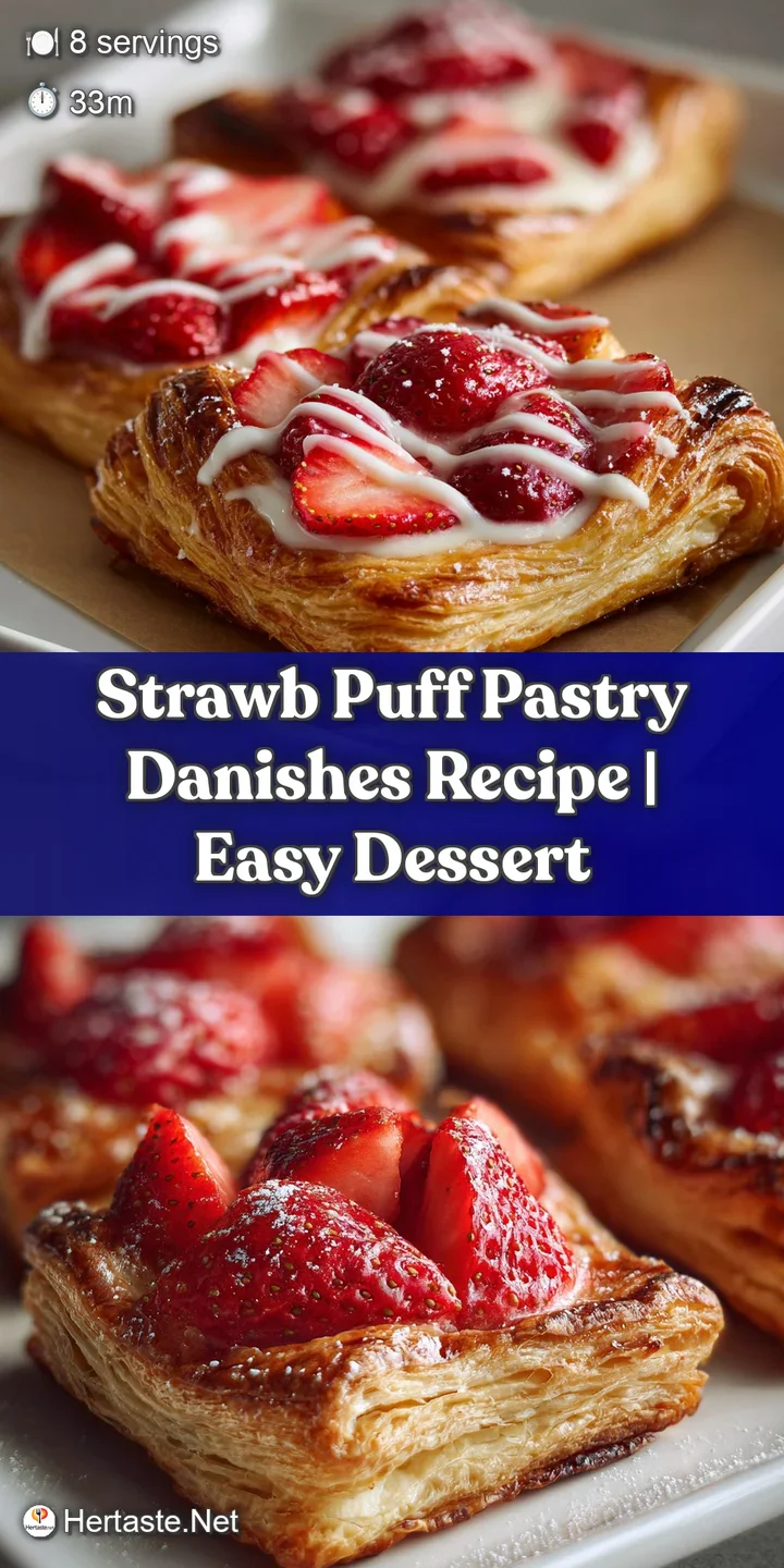 Close-up of a strawberry puff pastry danish, the glistening glaze highlighting the flaky layers and ruby-red filling.