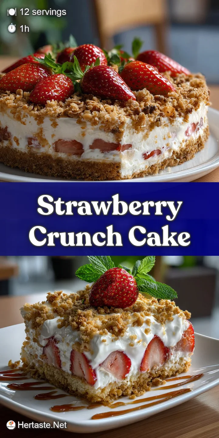 Close-up of strawberry crunch cake. Notice the delicate crumb, rich layers of strawberry, and a sugary glaze.