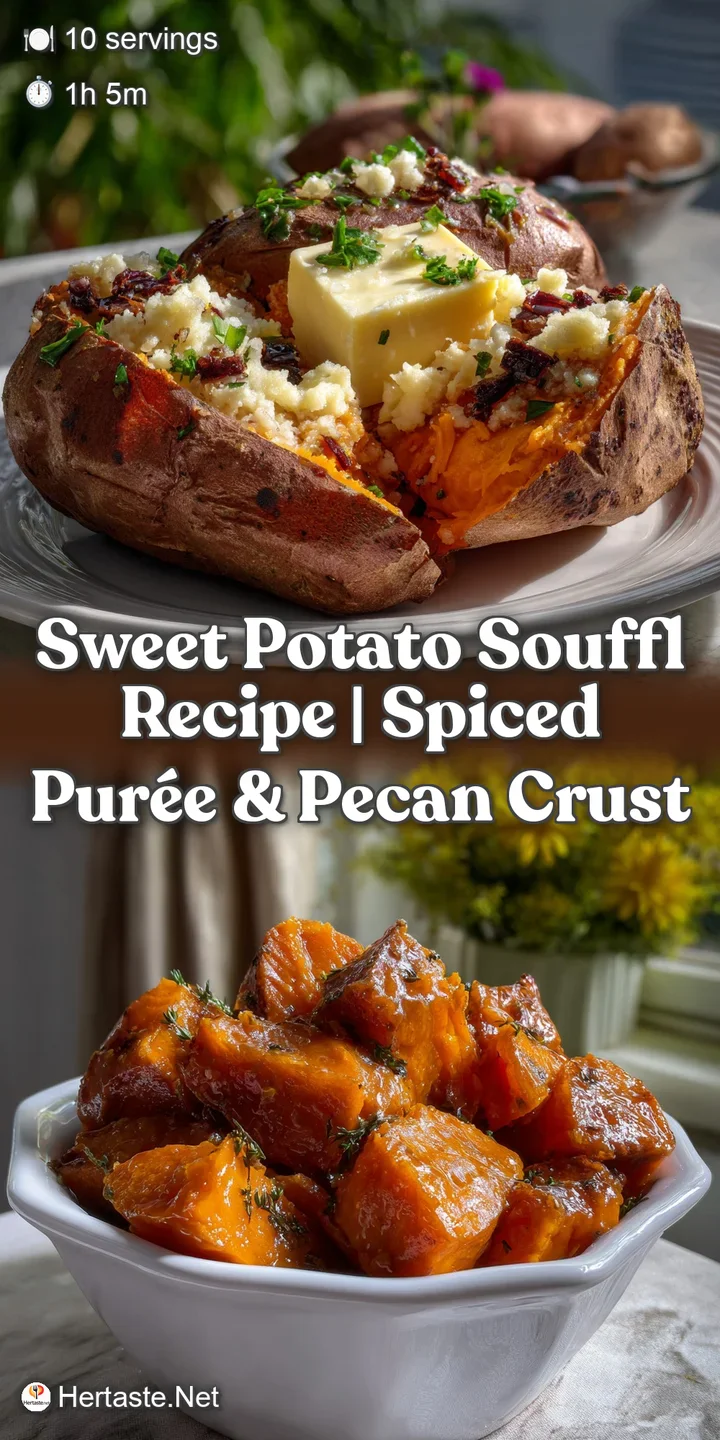 Close-up of a steaming sweet potato souffl&eacute;, revealing a silky interior and warm, inviting color, promising a comforting, ...