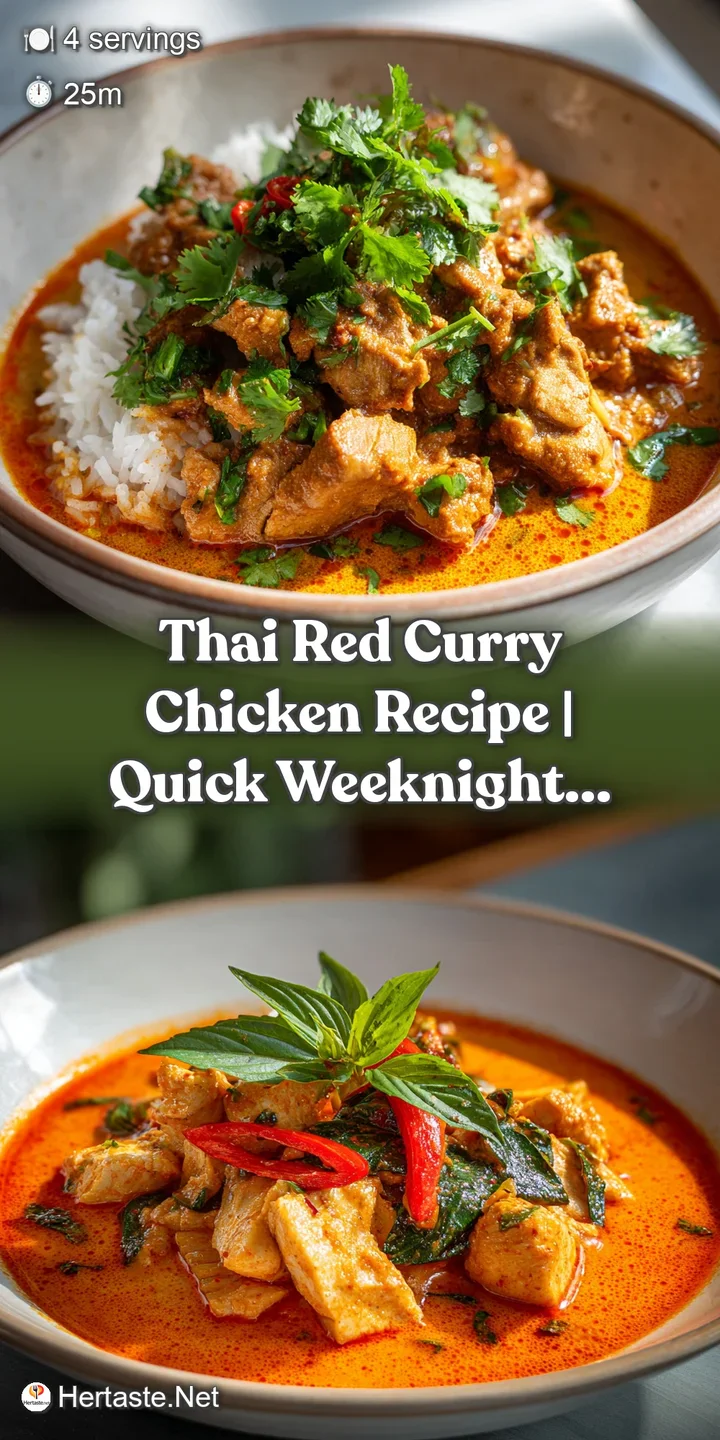 Close-up view of creamy red curry, showcasing tender vegetables and herbs suspended in a rich, aromatic coconut milk sauce...