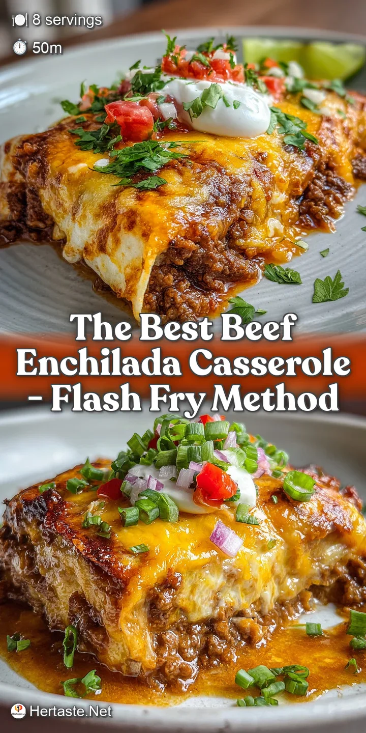 Close-up of a cheesy, bubbly beef enchilada casserole. Rich, red sauce simmers around savory ground beef and melted cheese.