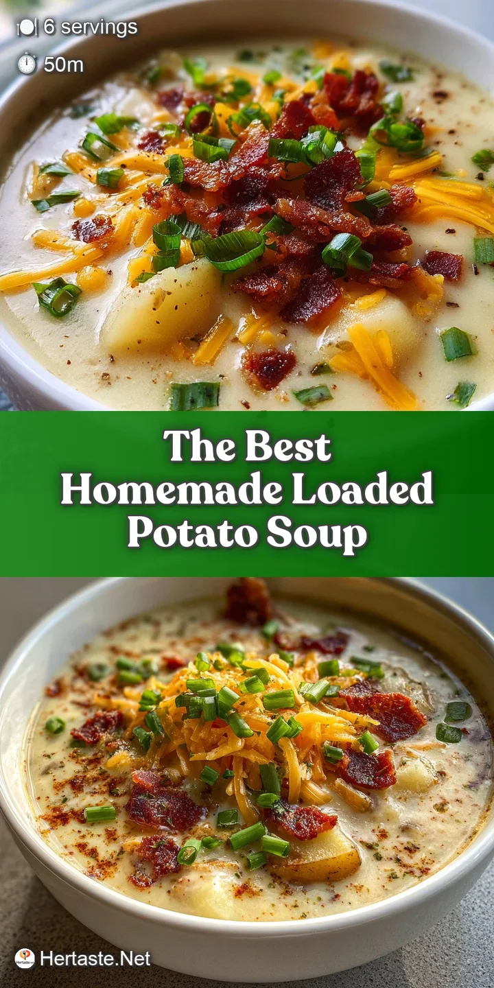 Close-up of thick, steaming potato soup with melted cheese, crispy bacon bits, and vibrant green onions. Hearty and warm.