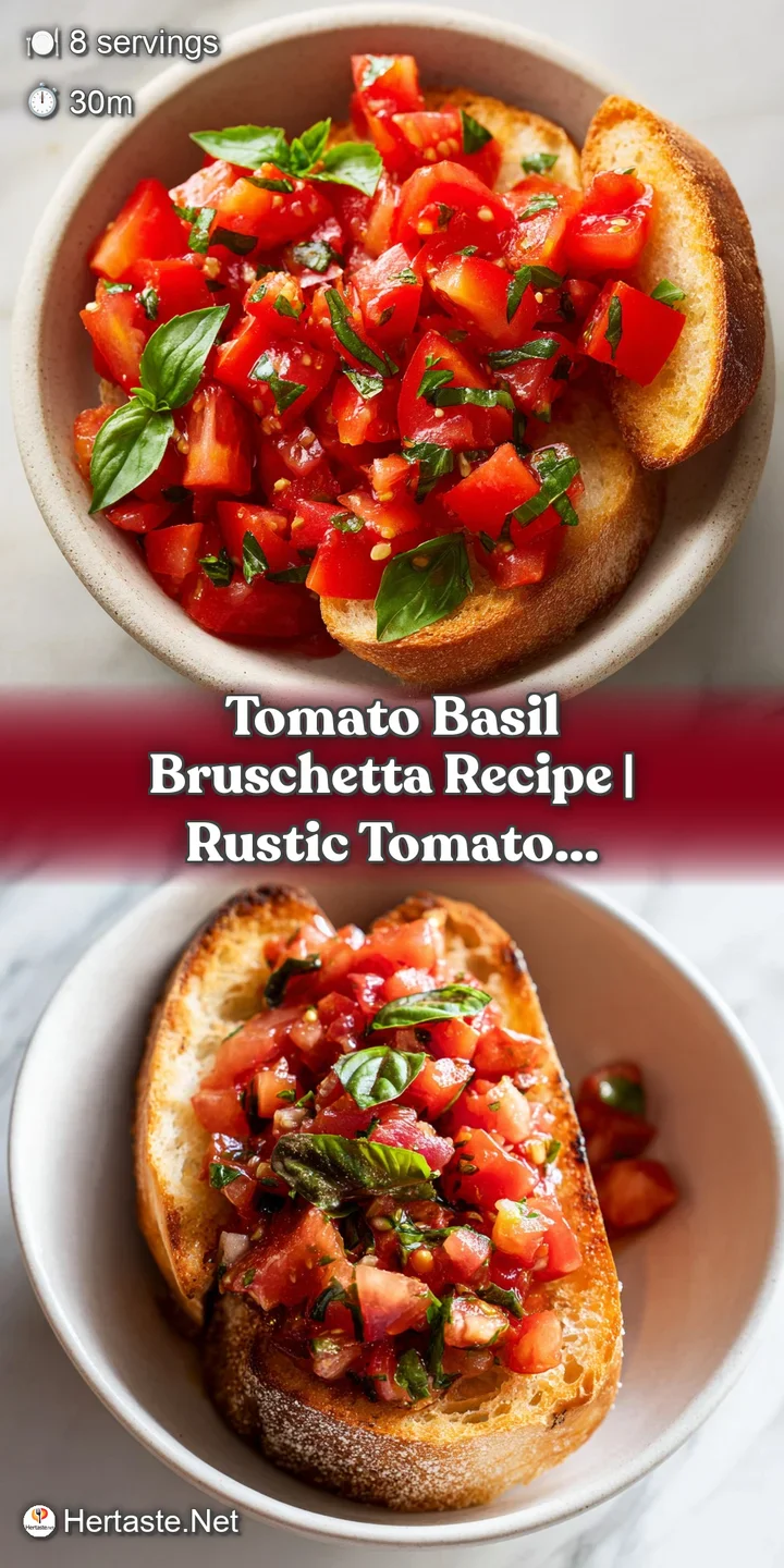 Close-up showcasing the bright, fresh ingredients of bruschetta, with focus on the juicy tomato and vibrant basil against ...