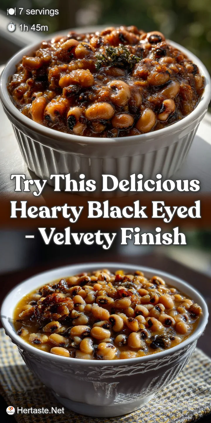 A close-up of steaming black-eyed peas, glistening with flavorful broth, tender vegetables, and hearty texture; a warm and...