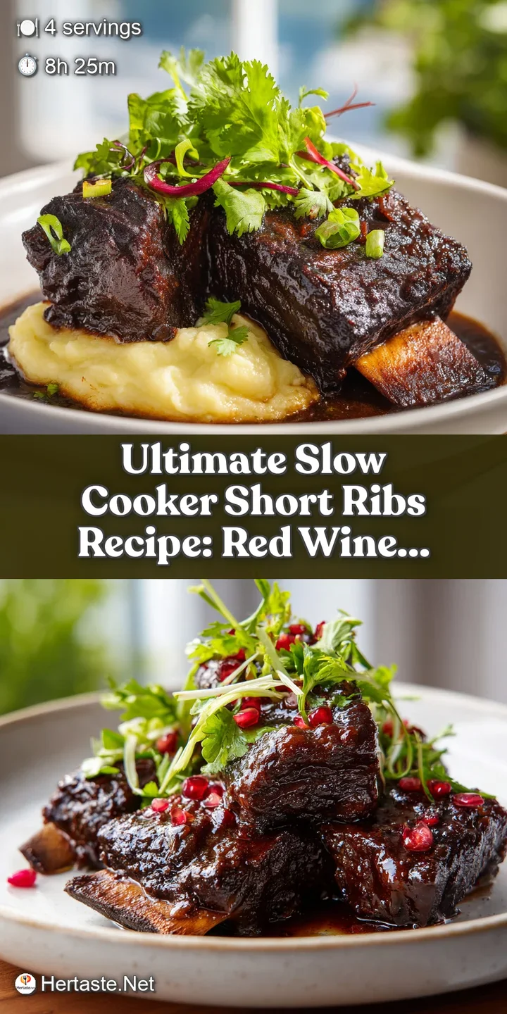 Close-up of tender short ribs, simmered in a deep, dark sauce. Visible marbling and juicy texture. Ready to fall off the b...