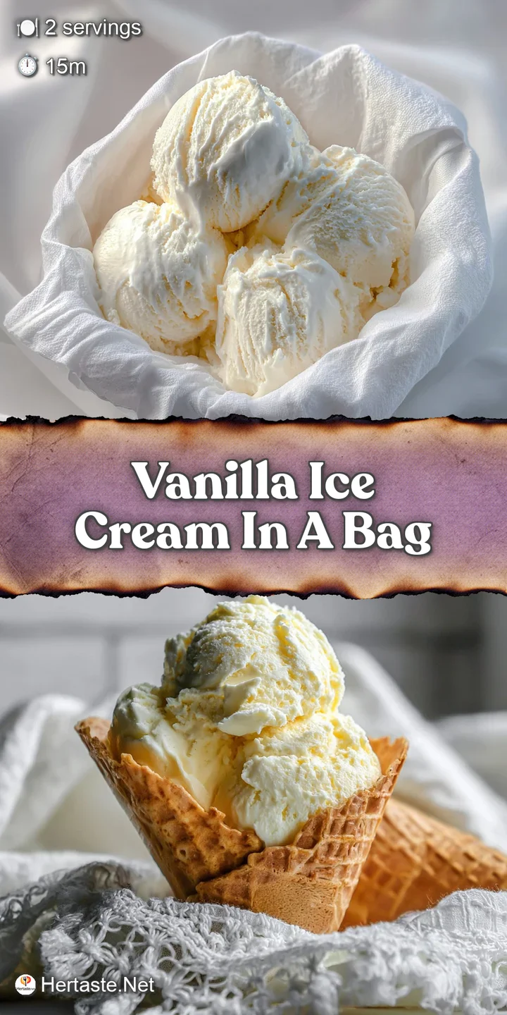 Close-up shot of vanilla ice cream in a bag, revealing tiny ice crystals and a smooth texture. Sweet, homemade treat.