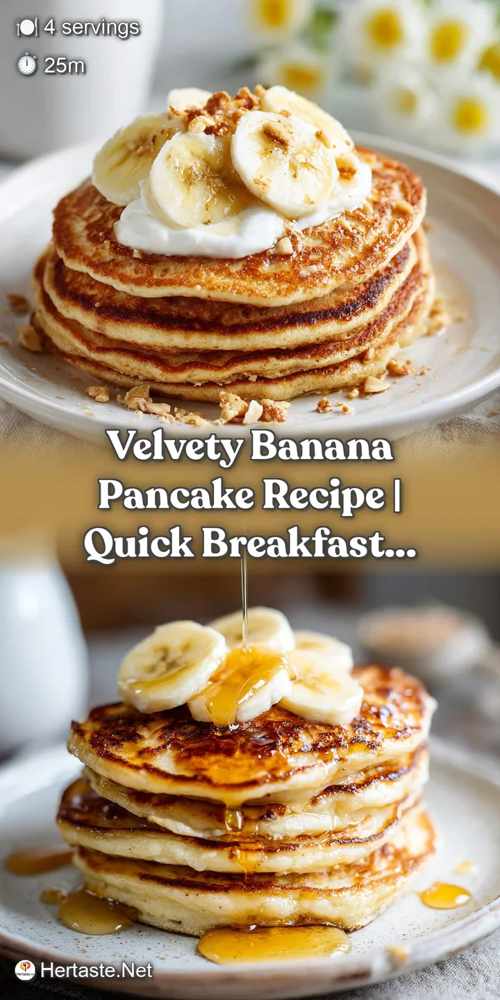 Close-up of a warm banana pancake, soft texture, steam rising, golden edges, and caramelized banana bits; inviting and del...