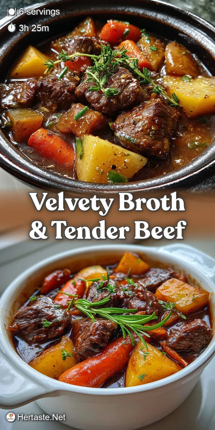 Close-up of tender beef chunks and colorful vegetables swimming in a luscious, deeply flavored brown gravy, promising warmth.