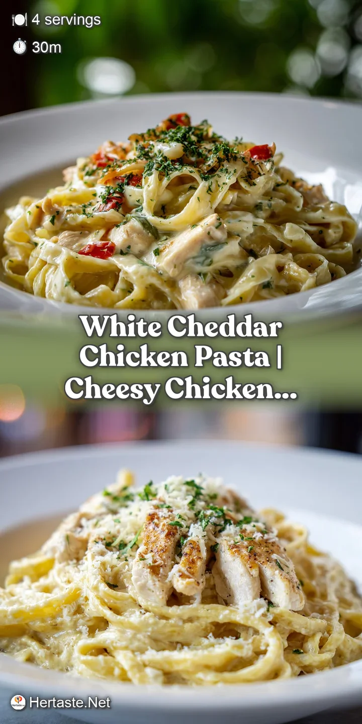 Close-up of tender chicken pieces and soft pasta coated in a rich, creamy white cheddar sauce.