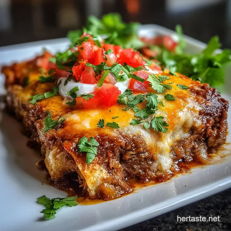 Two golden-brown enchiladas plated with rice and beans, topped with vibrant green cilantro and creamy white sour cream.