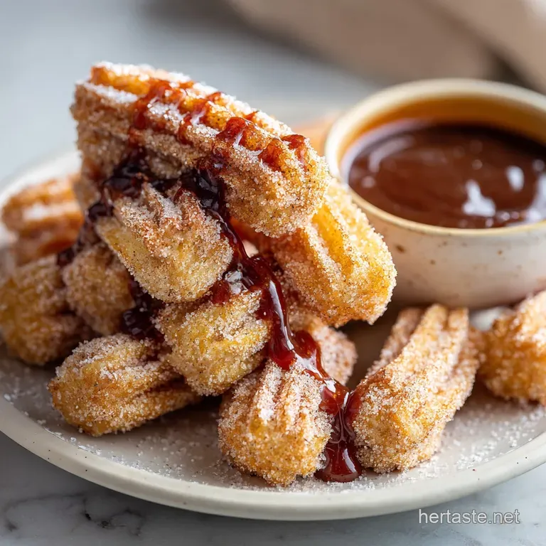Neatly arranged churro bites, sprinkled with cinnamon, alongside a small bowl of rich, dark chocolate sauce for dipping; w...