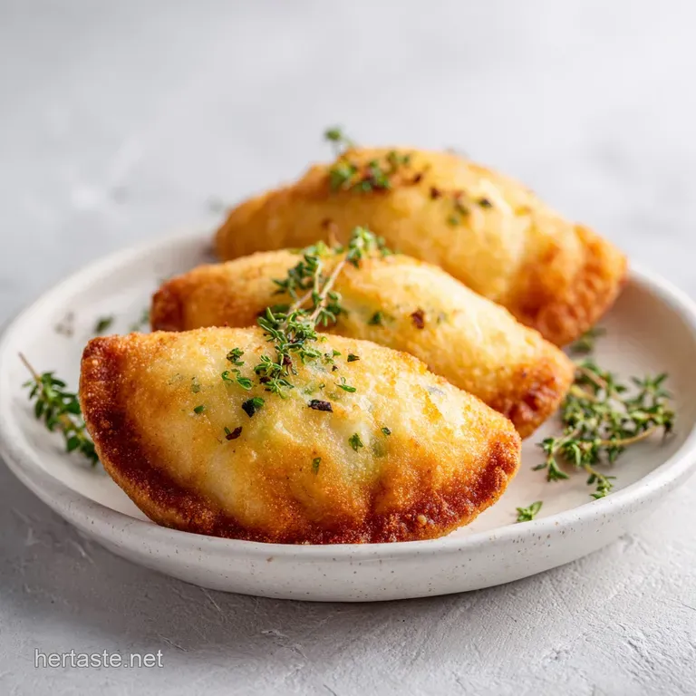 Neatly arranged, deep-fried potato spheres with a sprinkle of fresh green herbs and a dollop of sauce.