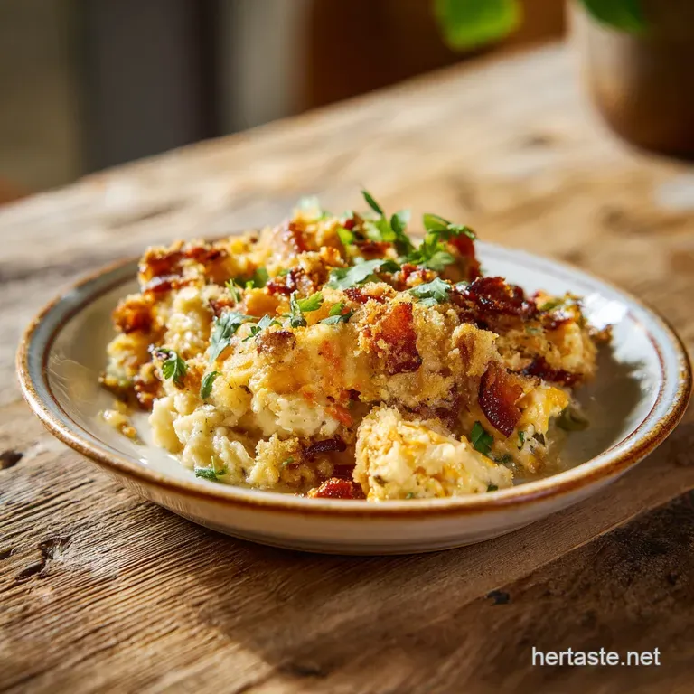 Creamy chicken casserole served in a rustic white dish, garnished with parsley sprigs for a comforting, home-style meal.