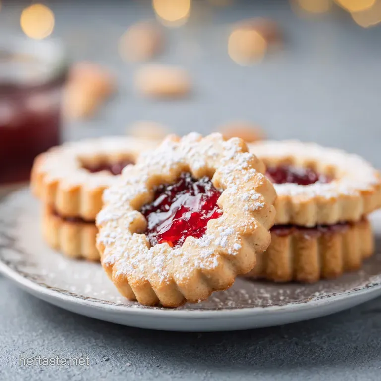 A trio of golden Linzer cookies with raspberry jam peeking through the intricate pastry, elegantly served on a white plate.