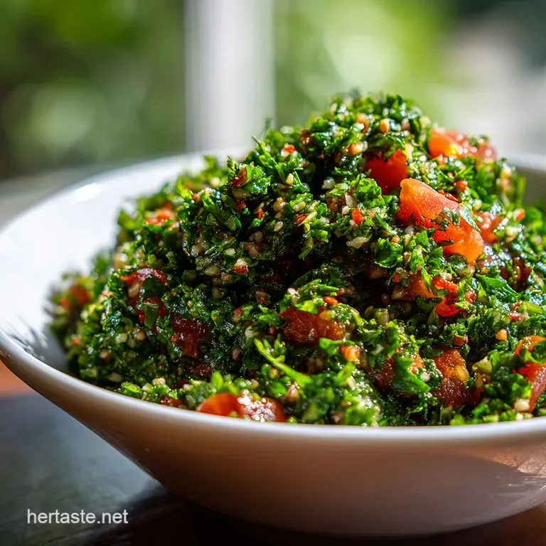 Mounded tabbouleh salad, showing off its bright parsley & tomato against the white plate. Fresh mint garnish on top.