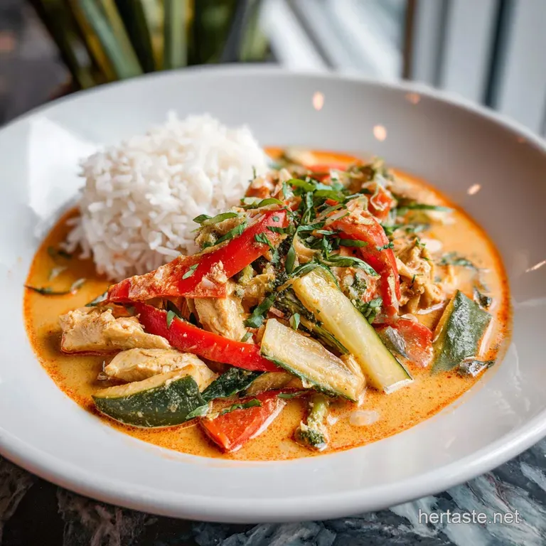 A vibrant plate of Thai curry, garnished with fresh cilantro and a lime wedge, beside fluffy white rice in a small bowl.
