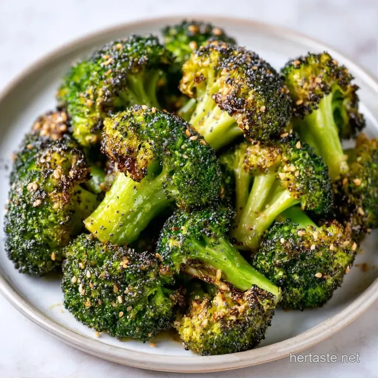 Vibrant green roasted florets arranged on a ceramic platter, highlighted by golden edges and toasted seed clusters.