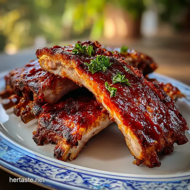Tender baked rib slathered with a rich BBQ sauce, glistening beside creamy coleslaw and crispy fries on a white plate.