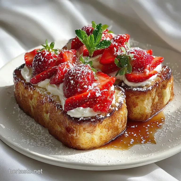 Elegant slice of French toast bake. Red strawberries contrast against creamy white topping, sitting on a white plate. Side...