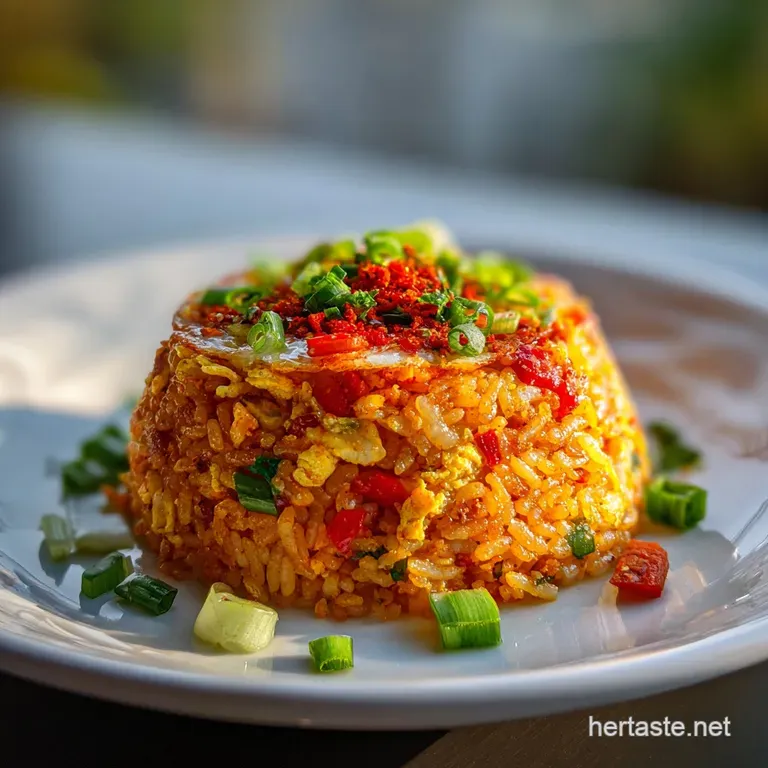 A scoop of fluffy fried rice with crispy chicken pieces, topped with creamy sauce, artfully arranged on a modern white plate.