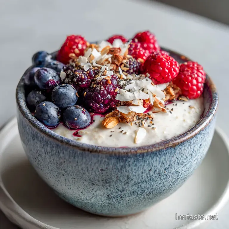 Elegant glass bowl filled with layered overnight oats; bright berries and granola create a colorful, textured breakfast.
