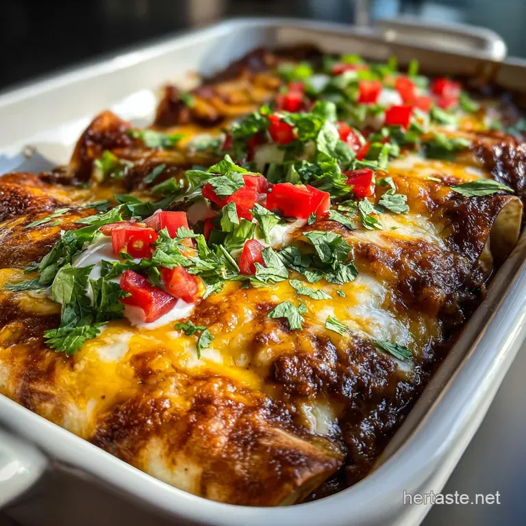 Tender beef enchilada casserole, layered with smoky flavors, plated with fresh cilantro and a dollop of cool sour cream.