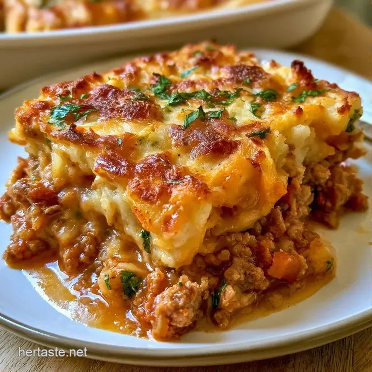 A square slice of creamy beef and potato bake on a white plate, garnished with fresh green parsley and cracked pepper