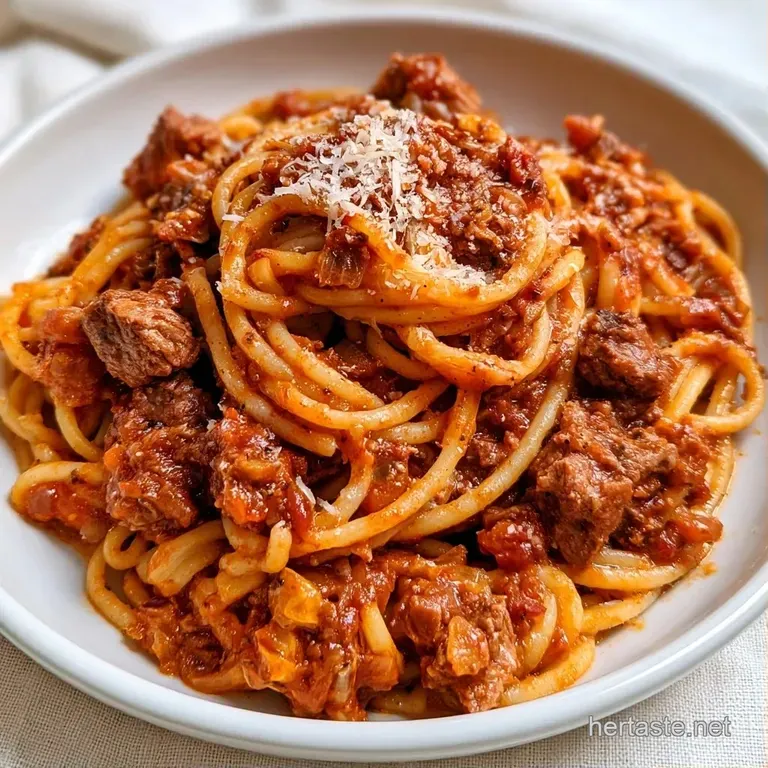 A swirl of pasta topped with deep red meat sauce, garnished with a basil sprig on a minimalist white ceramic plate.