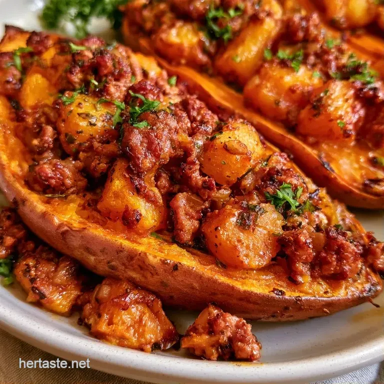 A roasted orange potato filled with savory browned beef, served on a ceramic plate with a sprig of fresh green parsley.