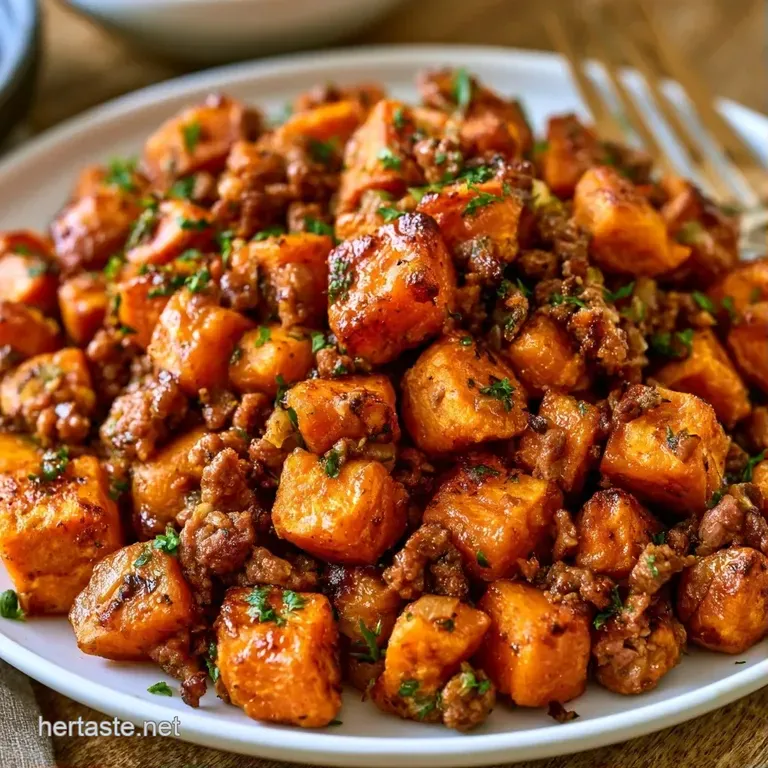 A ceramic bowl filled with colorful roasted root vegetables and browned beef, garnished with a sprinkle of herbs.
