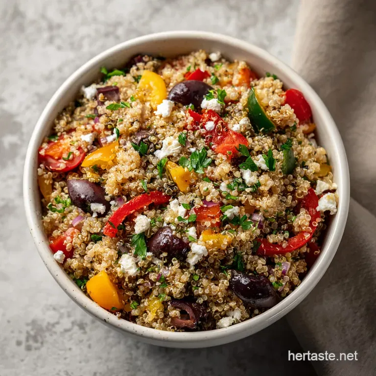 Bright quinoa salad elegantly plated, feta snow-capped, herbs sprinkled, and a lemon wedge adding a vibrant citrusy touch.