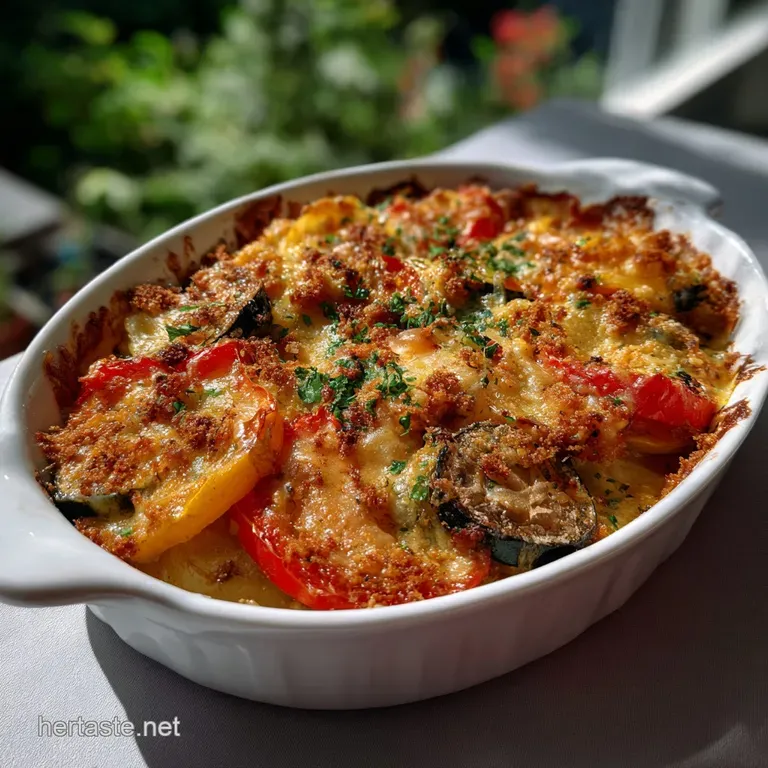 Elegant serving of the gratin, with the rich, browned top contrasting against a crisp white plate, hinting at warmth and c...