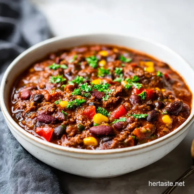 A bowl of thick vegan chili, garnished with a swirl of cashew cream, cilantro, and chopped walnuts for a rustic yet elegan...