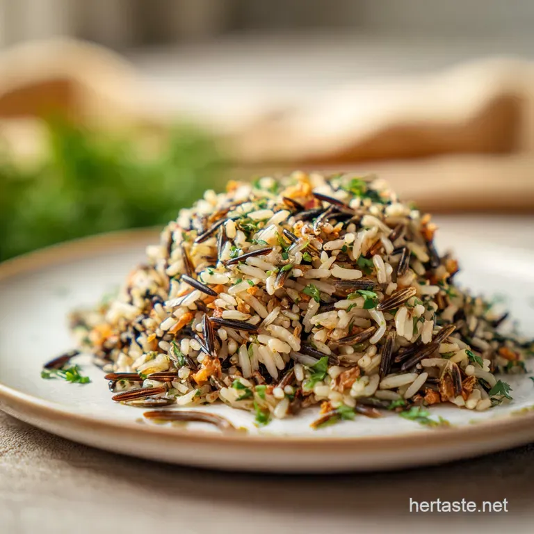 Perfectly portioned wild rice salad with vibrant cranberries & herbs, elegantly presented on a white plate. Ready to enjoy!
