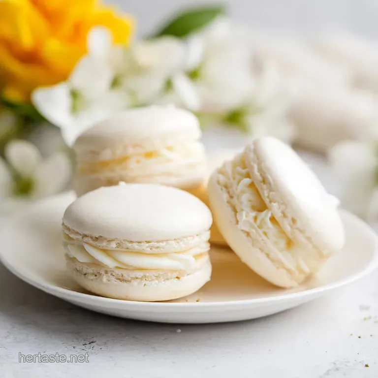 A delicate stack of mint green and lavender macarons on a ceramic platter with a dusting of powdered sugar.