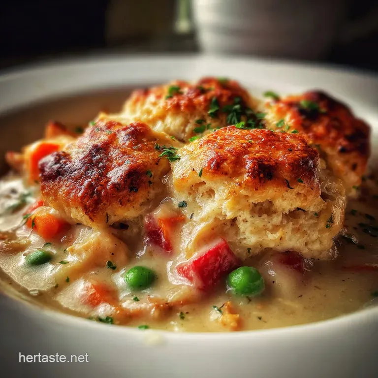 A flaky, golden biscuit-topped chicken pot pie sits on a rustic plate, steam rising. A spoonful reveals the creamy interior.