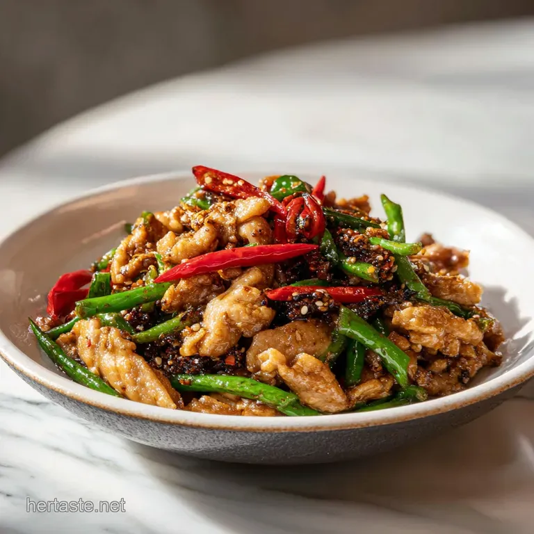 Perfectly arranged black pepper chicken with scallions, plated beautifully with a side of steamed rice and colorful vegeta...