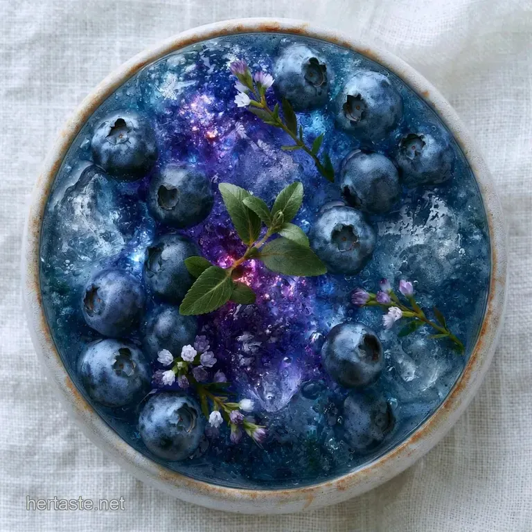 Three icy glasses of vibrant purple juice on a white marble surface, surrounded by plump blueberries and mint leaves.