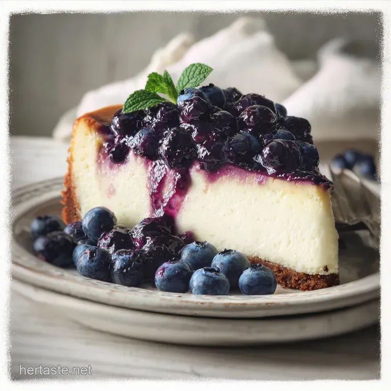 Slice of blueberry cheesecake on a white plate. Notice the creamy texture and the vibrant purple of the blueberries agains...
