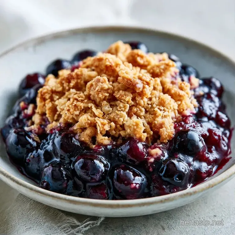 A scoop of warm berry crumble topped with melting vanilla ice cream and a sprig of mint on a white ceramic plate.