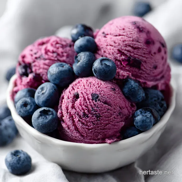 A scoop of creamy blueberry ice cream glistens in a glass dish, topped with plump, juicy blueberries and fresh mint.