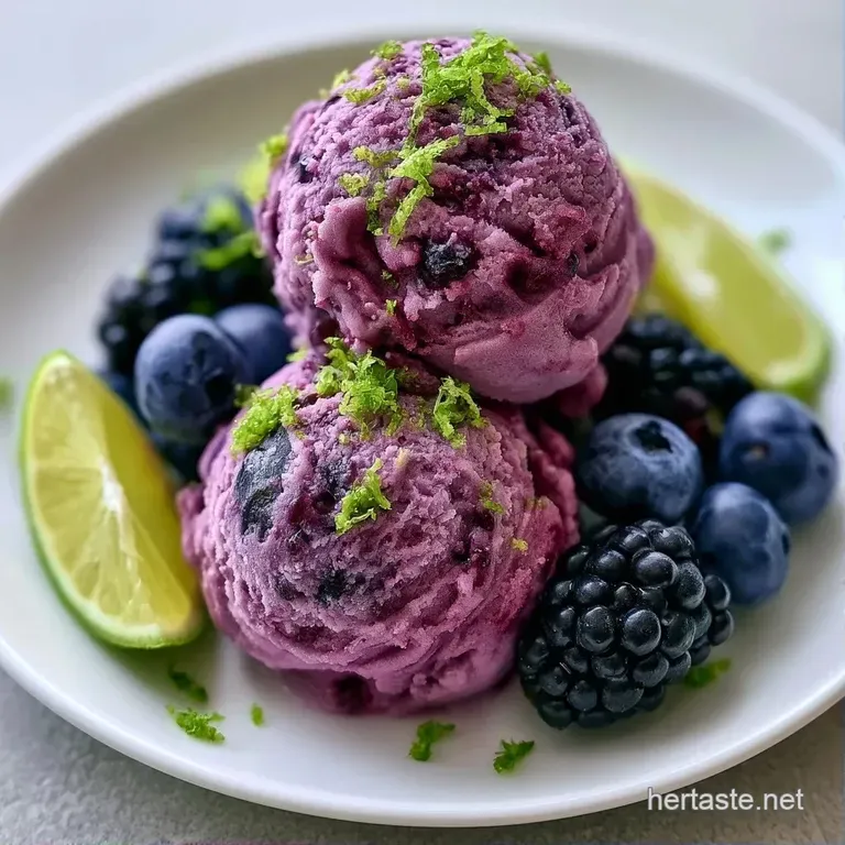 Three scoops of pale purple frozen dessert in a glass bowl, garnished with fresh blueberries and a lime wedge.