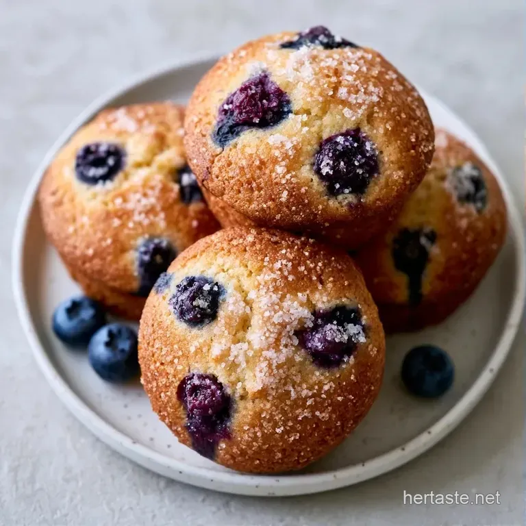 Golden-brown baked treats with bursting purple berries on a white ceramic plate beside a cup of steaming coffee.