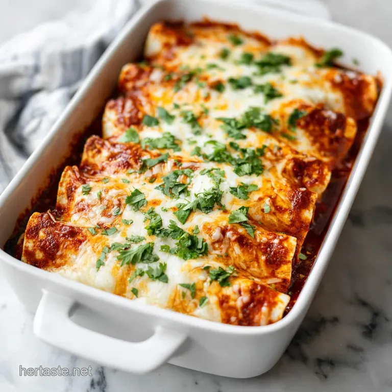 Three rolled tortillas smothered in red sauce, drizzled with cool white crema and fresh cilantro on a white plate.