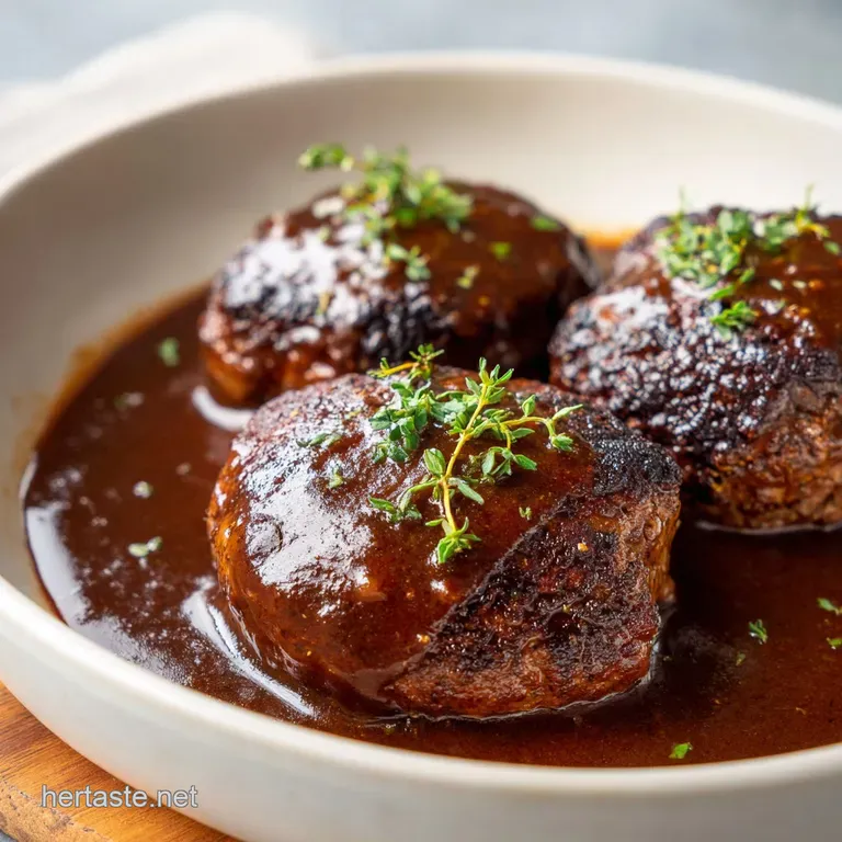Two savory browned meat patties on a white plate with a rich brown sauce, sliced mushrooms, and creamy mashed potatoes.