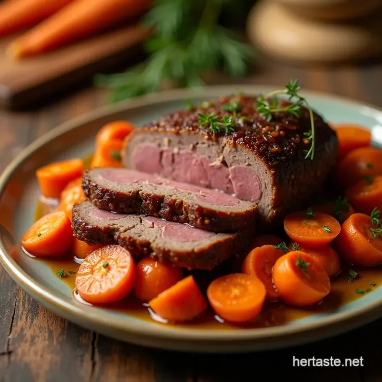 Braised Brisket with Root Vegetables and Honeyglazed Carrots presentation
